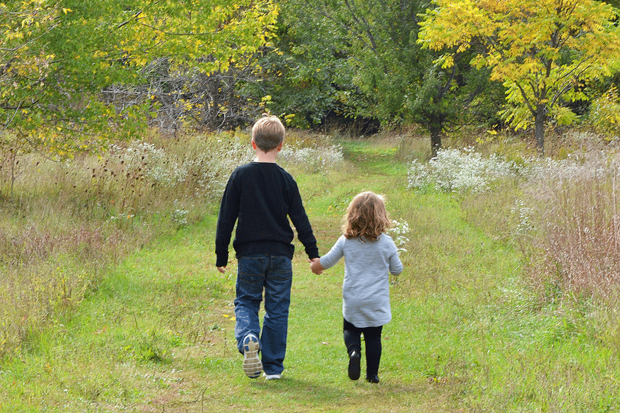 Two children holding hands as they walk along a grassy path